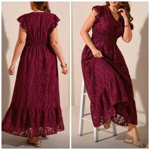 New Flowy Jacquard V Neck Maxi Dress Ruffle Short Sleeve Burgundy Red
